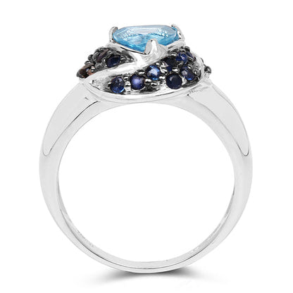 Anillo de Plata de Ley .925 con Topacio Azul Suizo y Zafiro Azul Genuinos de 1.61 Quilates