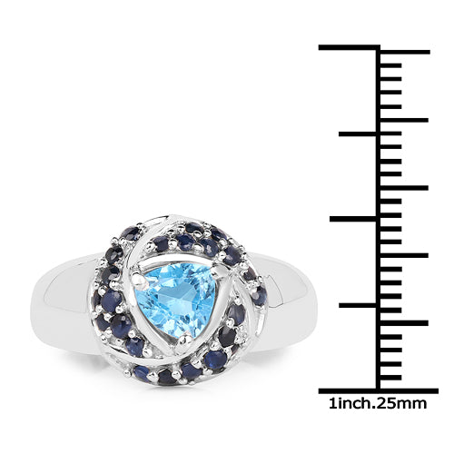 Anillo de Plata de Ley .925 con Topacio Azul Suizo y Zafiro Azul Genuinos de 1.61 Quilates