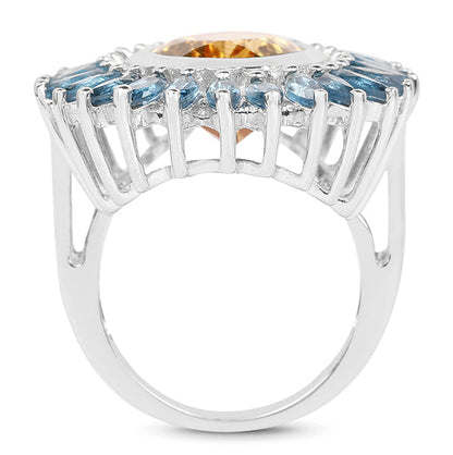7.54 Carat Genuine Citrine & London Blue Topaz .925 Sterling Silver Ring