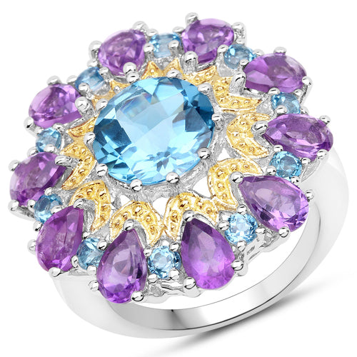 Anillo de plata de ley .925 con topacio azul de Londres y amatista auténticos de 8,86 quilates