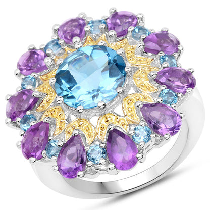 Anillo de plata de ley .925 con topacio azul de Londres y amatista auténticos de 8,86 quilates