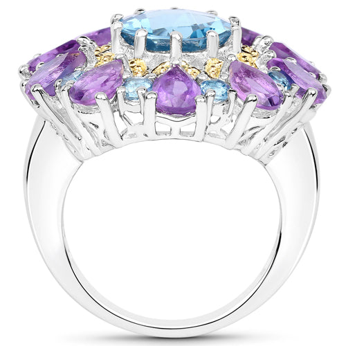 Anillo de plata de ley .925 con topacio azul de Londres y amatista auténticos de 8,86 quilates