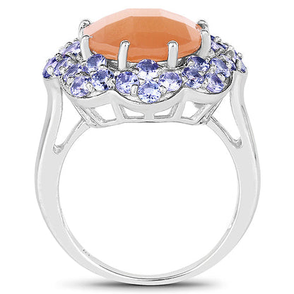 7.20 Carat Genuine Peach Moonstone and Tanzanite .925 Sterling Silver Ring