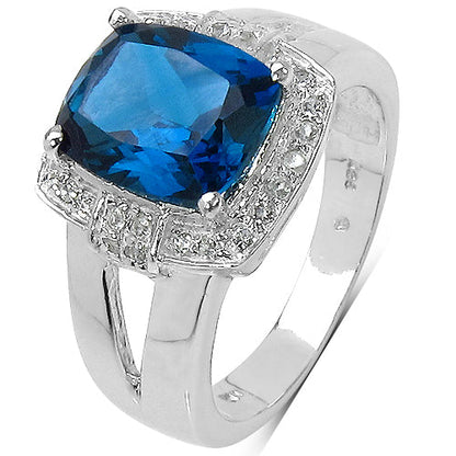 Anillo de plata de ley .925 con topacio azul de Londres genuino de 3.64 quilates y topacio blanco