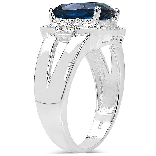 Anillo de plata de ley .925 con topacio azul de Londres genuino de 3.64 quilates y topacio blanco