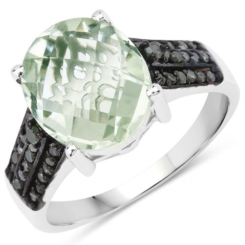 Anillo de plata de ley .925 con amatista verde genuina de 4.26 quilates y diamantes verdes
