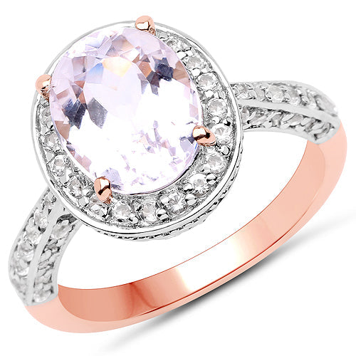 Anillo de plata de ley .925 chapado en oro rosa de 14 quilates con kunzita genuina de 3,86 quilates y circonita blanca