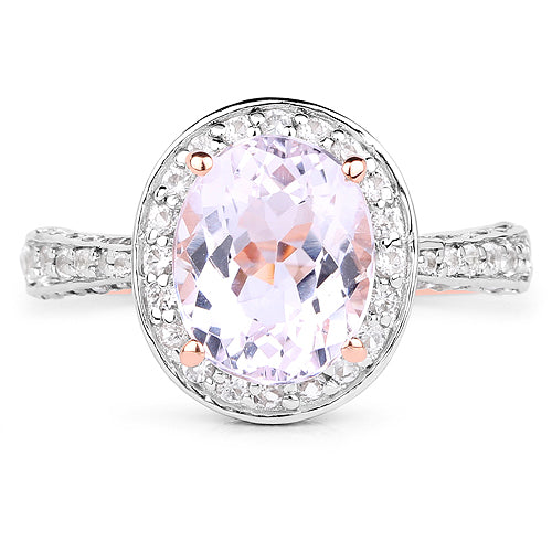 Anillo de plata de ley .925 chapado en oro rosa de 14 quilates con kunzita genuina de 3,86 quilates y circonita blanca