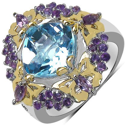 Anillo de plata de ley .925 con topacio azul auténtico de 5,66 quilates, amatista y diamantes blancos