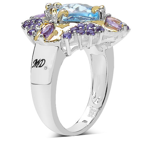 Anillo de plata de ley .925 con topacio azul auténtico de 5,66 quilates, amatista y diamantes blancos