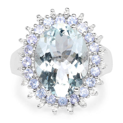 Anillo de plata de ley .925 con aguamarina genuina de 5.30 quilates, tanzanita y topacio blanco
