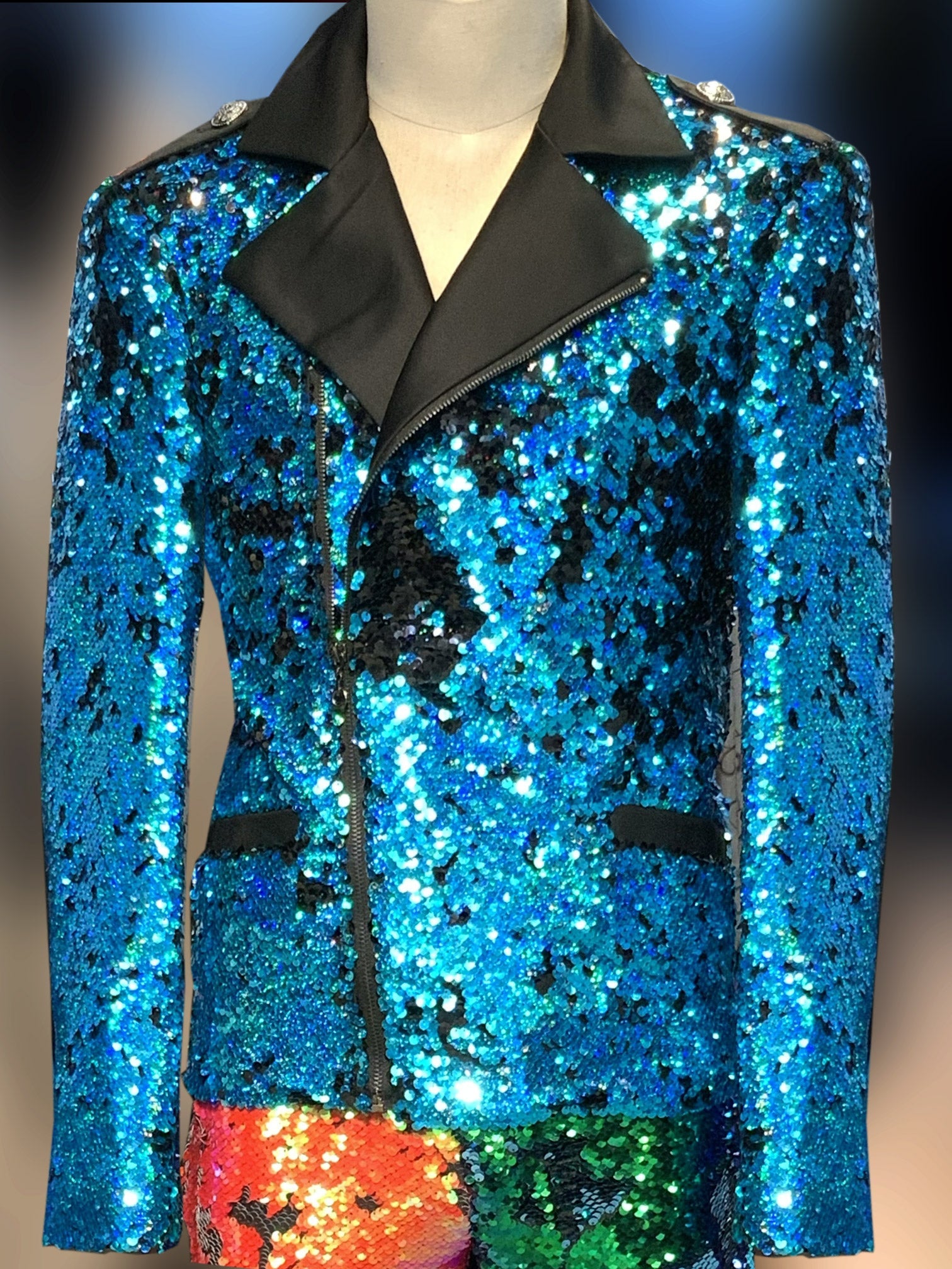 mens sequin biker jacket, teal color - My Men's Shop