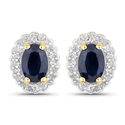 Conjunto de joyas de plata de ley .925 con zafiro negro-azul y topacio blanco auténticos de 1,96 quilates