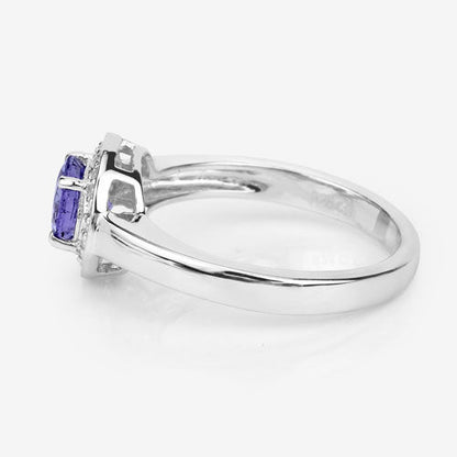 Anillo de Plata de Ley .925 con Tanzanita Genuina de 1,05 Quilates y Topacio Blanco