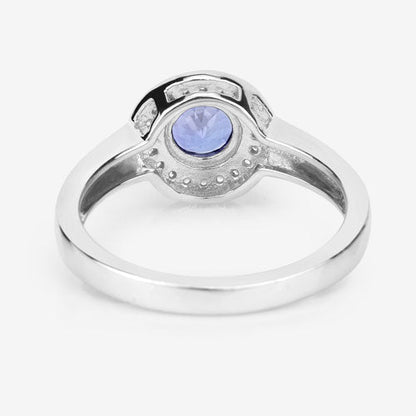 Anillo de Plata de Ley .925 con Tanzanita Genuina de 1,05 Quilates y Topacio Blanco
