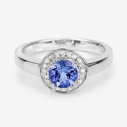 Anillo de Plata de Ley .925 con Tanzanita Genuina de 1,05 Quilates y Topacio Blanco