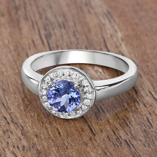 Anillo de Plata de Ley .925 con Tanzanita Genuina de 1,05 Quilates y Topacio Blanco