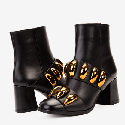 The Eclipse Black & Gold Leather Block Heel Women Boot