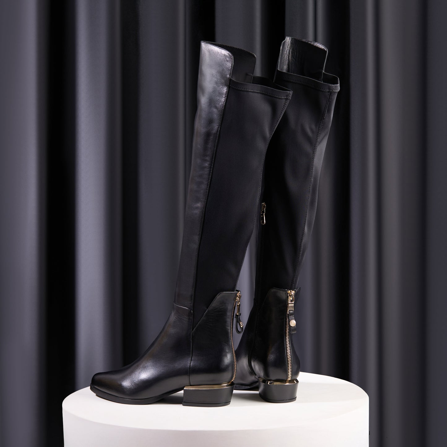 The Fairoks Black Leather Pointy Toe Knee High Women Boot