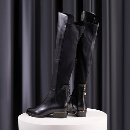 The Fairoks Black Leather Pointy Toe Knee High Women Boot