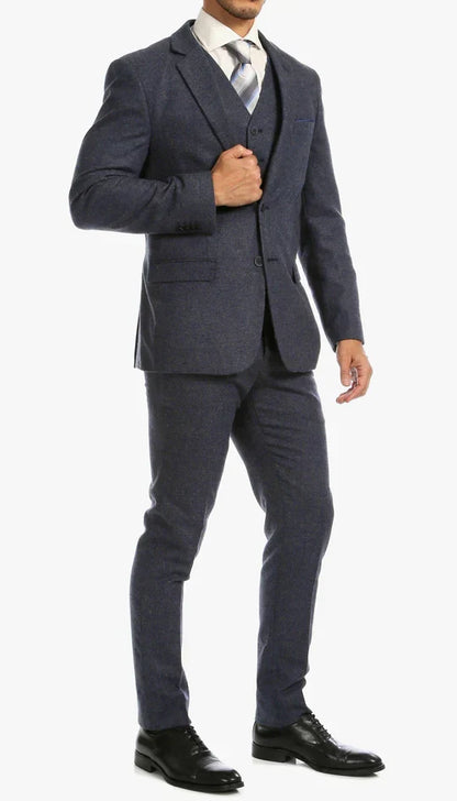 York Navy Slim Fit 3 Piece Herringbone Suit