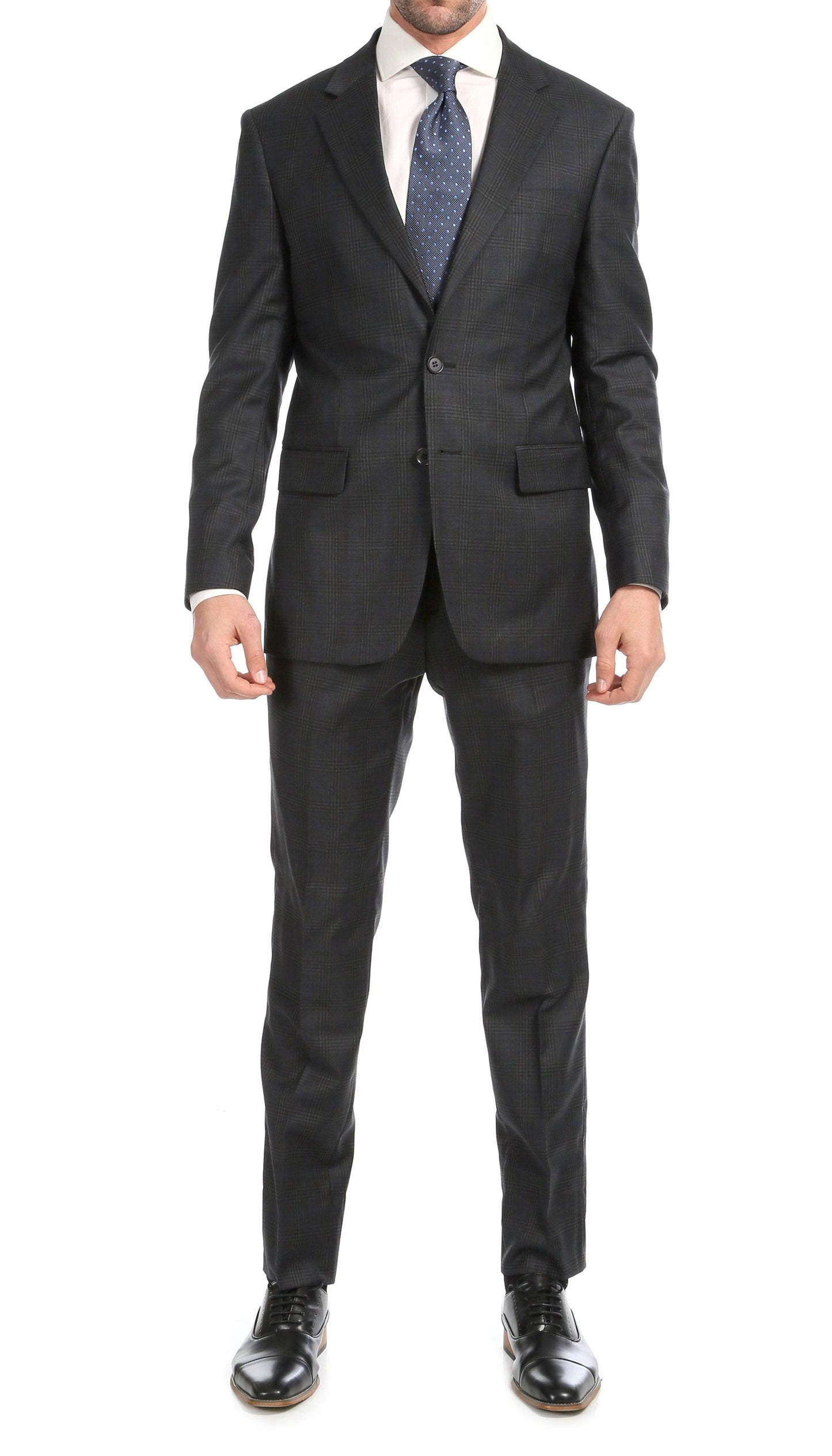 Yves Grey Plaid Check Men's Premium 2 Piece Wool Slim Fit Suit