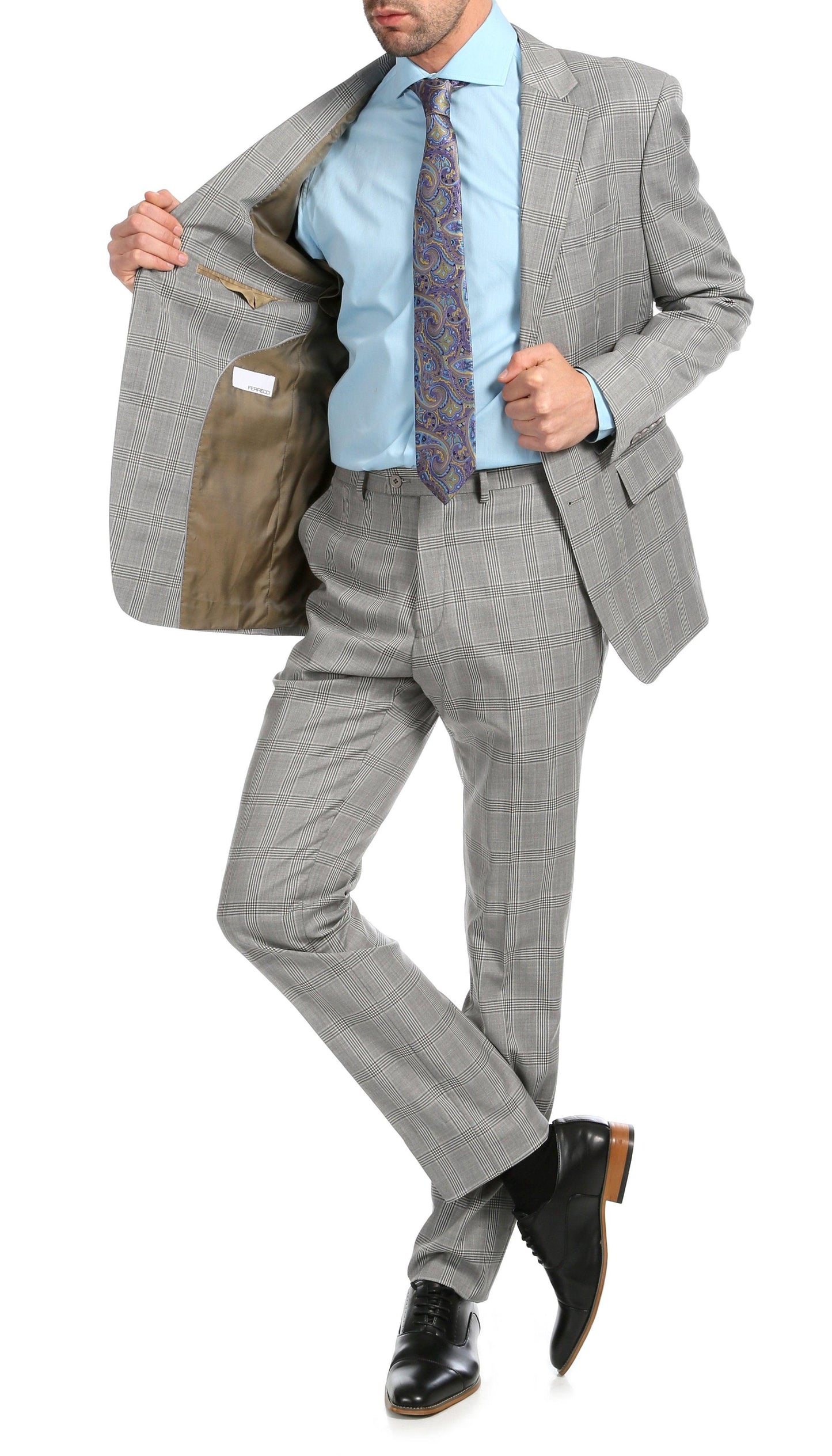 Yves Light Grey Plaid Check Men's Premium 2 Piece Wool Slim Fit Suit